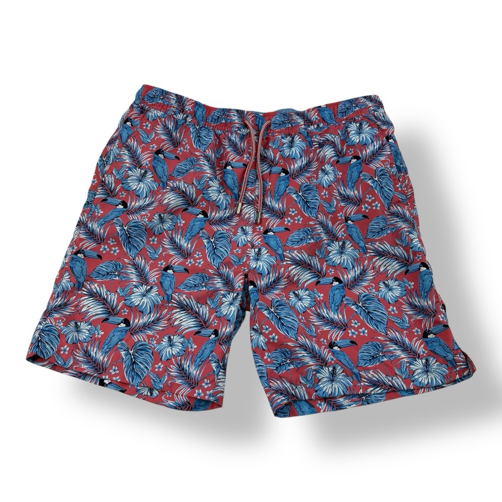Peter Millar Seaside Crown Coral Blue Toucan Floral Swim Trunks Men's Large 7.5"